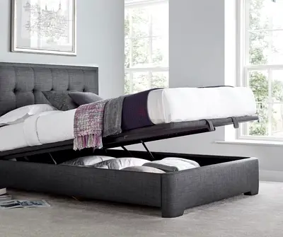 Grey Fabric Hydraulic Storage Bed with Tufted Headboard - Queen/King (Storage Lift)
