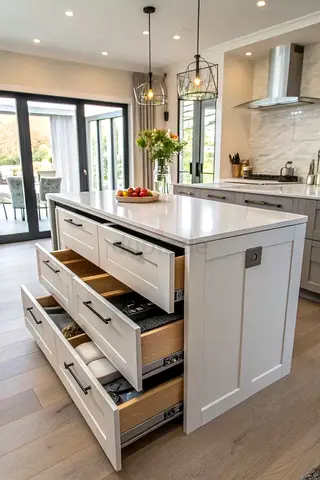 Modern White Kitchen Island with Deep Drawers - Excellent Condition