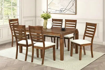Solid Wood 6-Seater Dining Table with Cushioned Chairs - Walnut Finish-3346