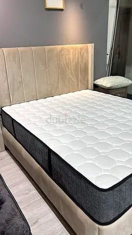 Queen upholstered bed frame with mattress - good condition