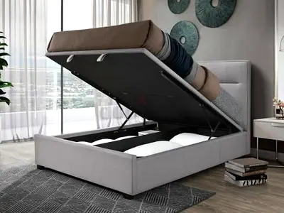 Grey Upholstered Hydraulic Storage Bed with Lift-Up Mechanism - Queen