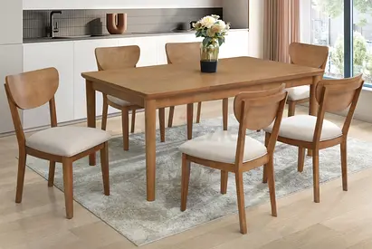 Solid Wood 6-Seater Dining Table with Upholstered Chairs - Light Oak Finish-4256