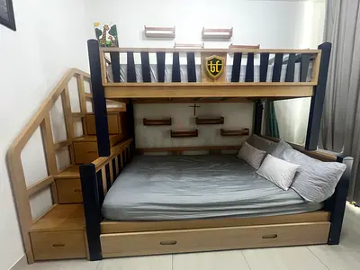 Solid Wood Bunk Bed with Stairs, Trundle and Shelves - Excellent Condition