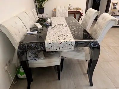 Glass Top Dining Table with 6 Cream Tufted Chairs - Good Condition (leaving the country)
