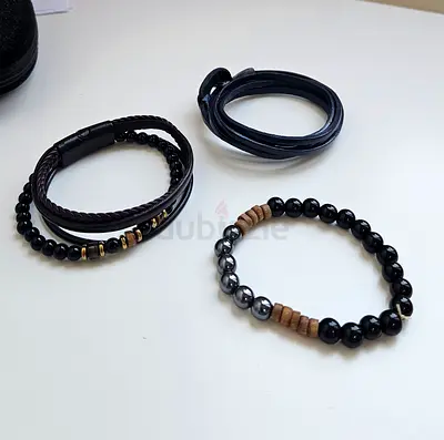 Set of 3 Mens Beaded and Leather Bracelets - Black, blue  Brown
