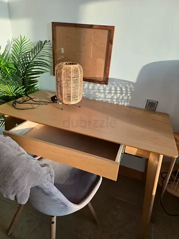 Light wood study desk with drawer and matching chair makeup, study or computer table