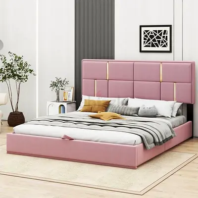 Queen Size Pink Upholstered Bed with Padded Headboard.
