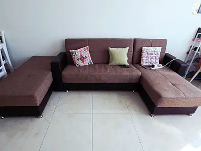 Brown L-shaped Fabric Sofa with storage - Good Condition