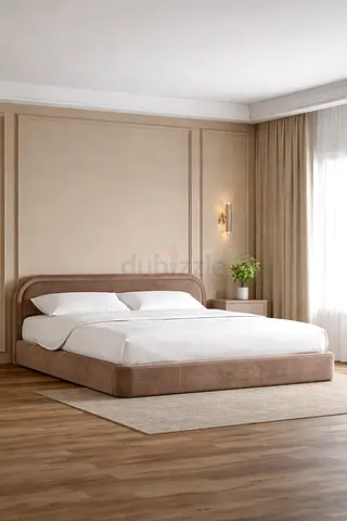 Low-profile upholstered king/queen size bed with headboard (beige) - modern design