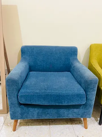 Blue Fabric Armchair with Wooden Legs - Good Condition