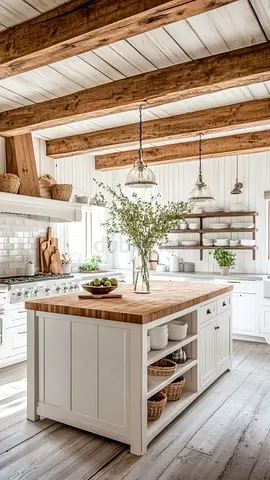 Solid Wood Kitchen Island with Storage Shelves — White Finish