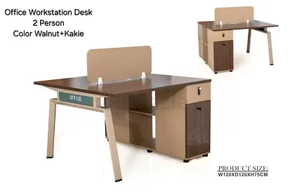 2-Person Walnut  Khaki Office Workstation Desk with Storage Cabinet