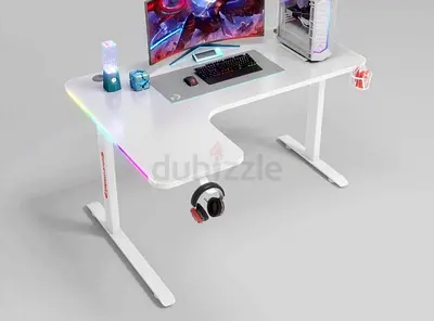 White L-shaped Gaming/Computer Desk with RGB Lighting and Headphone Hook-140cm