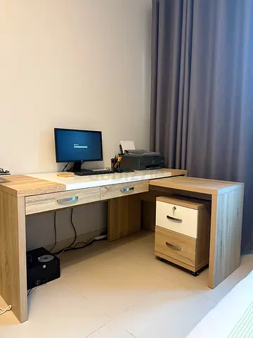Wooden office desk with drawers and side cabinet - good condition