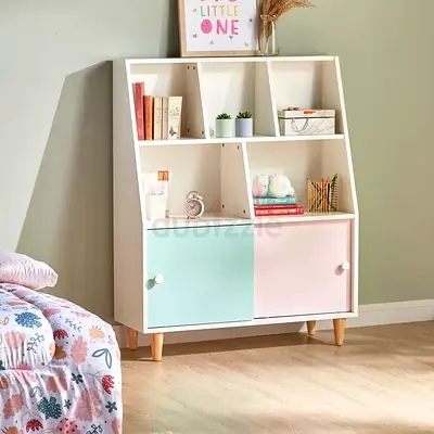 White Kids Storage Bookcase with Pastel Doors - Small Bookshelf  Cupboard