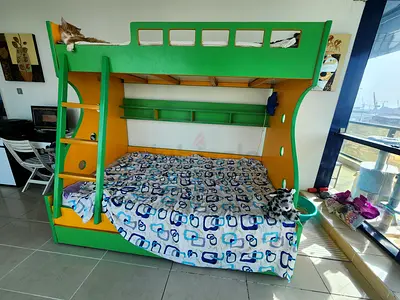 Green  Yellow Kids Bunk Bed (Double Bottom, Single Top) - Good Condition
