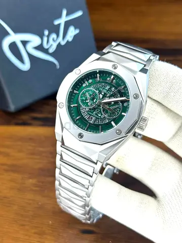 Mens Silver Stainless Steel Watch with Green Skeleton Dial