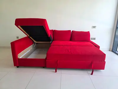 Red L-shaped Storage Sofa Bed — Convertible Sectional in Good Condition