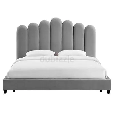 Grey Upholstered Double Bed with Tall Curved Headboard