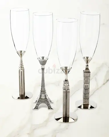 Set of 4 Godinger Traveler Champagne Flutes with Landmark Metal Stems
