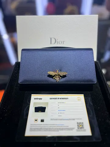 Authentic Dior D-Bee Clutch Navy Satin – With Box | Excellent Condition