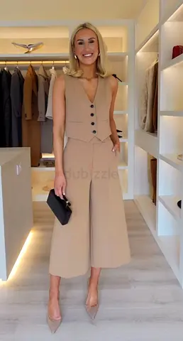 Zara Waistcoat  Culotte Trousers Co-ord Set in Camel Beige