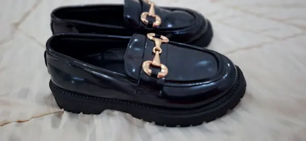 Black Patent Leather Loafers with Gold Bit Detail — Size Unspecified