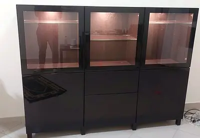 BESTA Black glossy display cabinet with glass doors and lighting - 3 sections as new light usage