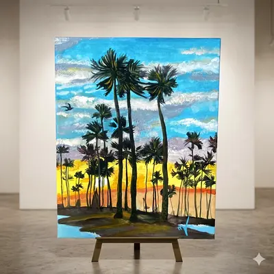 Original Palm Tree Sunset Acrylic Painting on Canvas 50x40cm