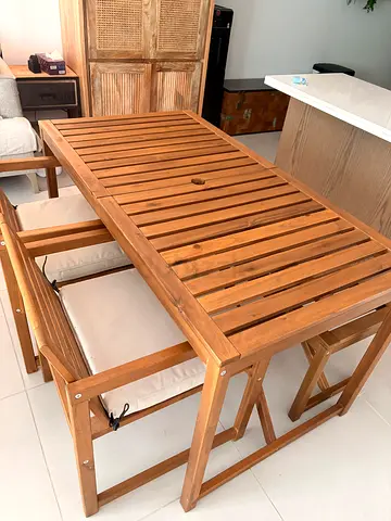 Solid Wood Slatted Dining Table with Bench Set