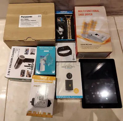 Lot of assorted electronics and fiadpets — tablet, shoe dryer, nebulizer, security doorbell and more