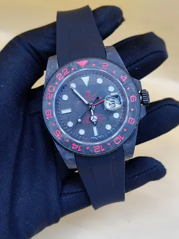 Rolex Mens GMT-style Black Case Master Copy Watch with Red Accents and Rubber Strap
