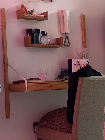 Wooden wall shelves and small desk set comes with a solid chair