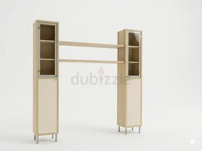 Light Wood Tall Cabinet Unit with Open Shelves and Glass Doors
