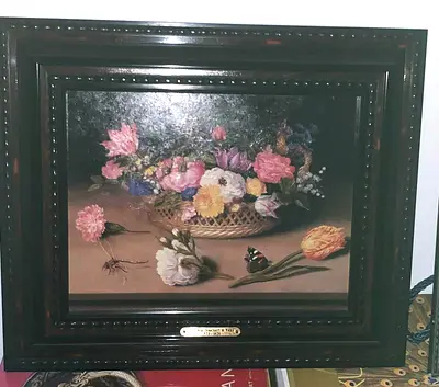 Framed Floral Still Life Oil Painting with Ornate Dark Wood Frame. After Dutch master painter.