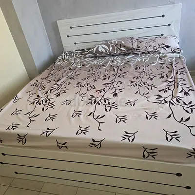 White Wooden Double Bed Frame with Headboard (Used, Good Condition)
