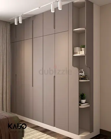 Built-in Modern Wardrobe with Open Side Shelves - Neutral Finish