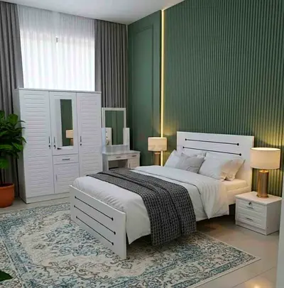 White Wooden Double Bed with Wardrobe and Nightstands - Complete Bedroom Set