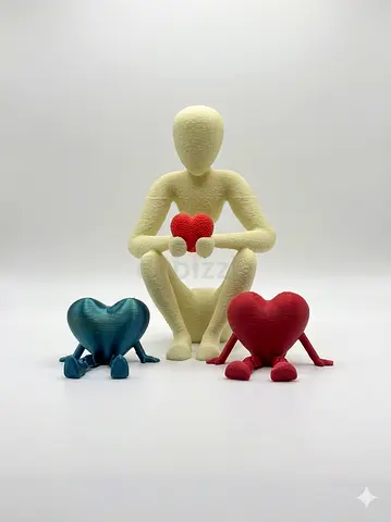 Set of 3 Modern Heart Figurines with Sitting Figure - Decorative Collectible