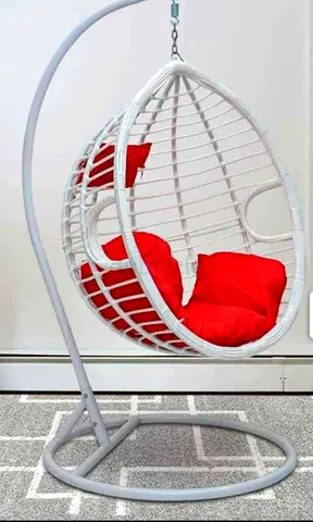 White Rattan Hanging Egg Chair with Stand and Red Cushions