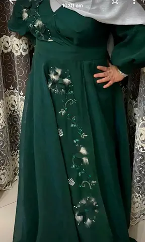 Dark Green Embroidered Abaya / Long Dress - Size Approx M/L