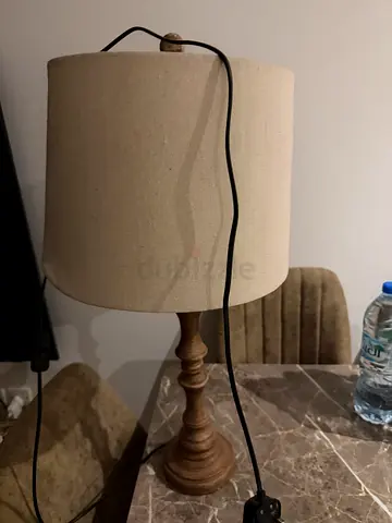 Wooden Base Table Lamp with Beige Fabric Shade
