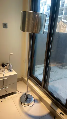 Chrome Floor Lamp with Grey Fabric Shade - Good Condition