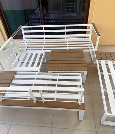 White Outdoor Patio Sofa Set with Coffee Table - Metal Frame with cushions