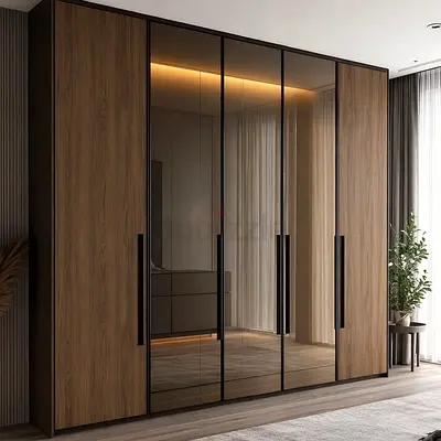 Large Modern Wood  Mirror Wardrobe / Armoire - 6 Doors