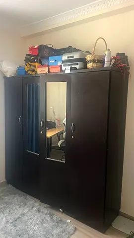 Dark Wood 4-Door Wardrobe with Mirror - Good Condition