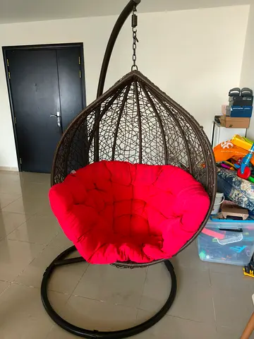 Wicker Hanging Egg Chair with Red Cushion and Stand