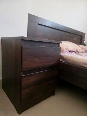 Dark Wood Bed / Bedside Table with Two Drawers / Cupboard
