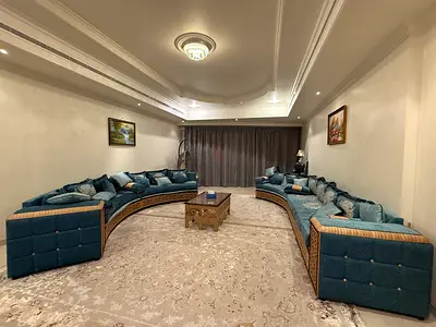 Large Curved Arabic Majlis Sofa Set in Teal with Wooden Inlay