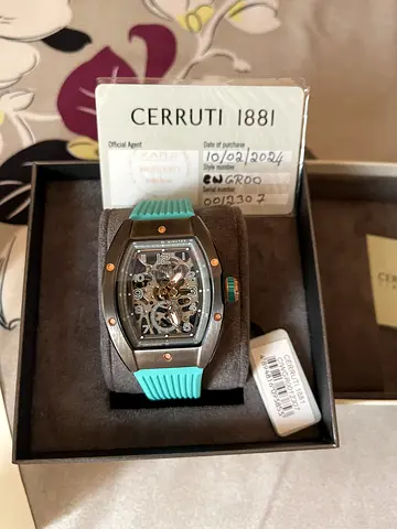 Cerruti 1881 Mens Skeleton Dial Watch with Turquoise Rubber Strap